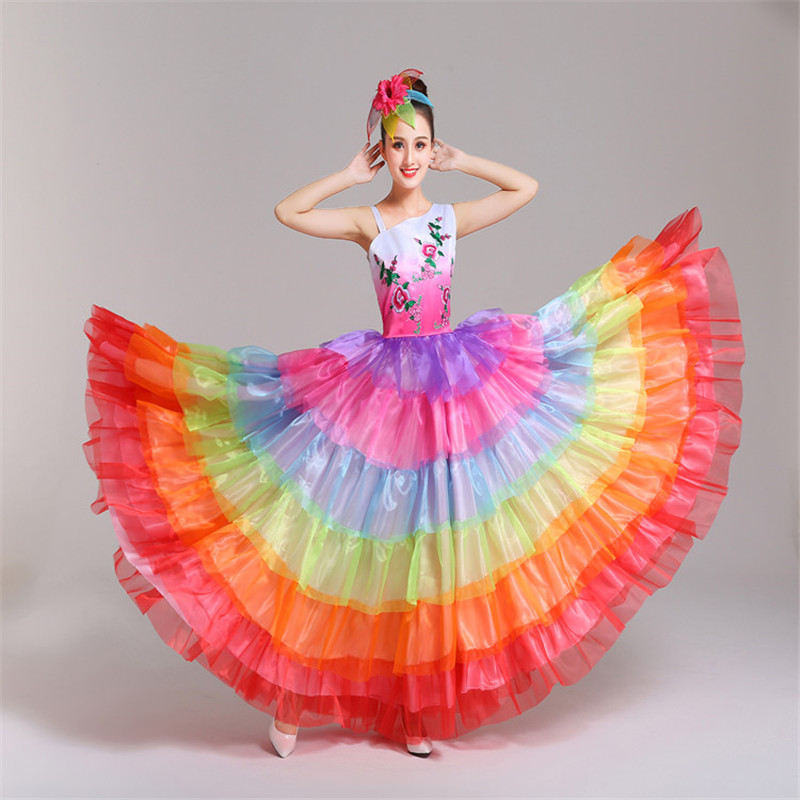 Women's girls rainbow colored flamenco Spanish bull dance dress opening dance ballroom dresses