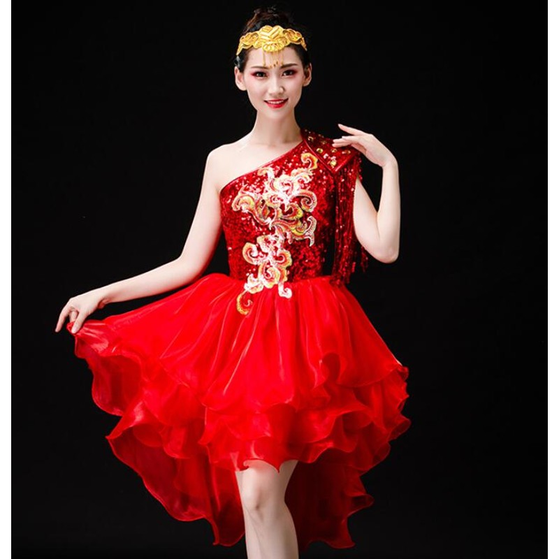 Women's girls red sequin jazz dance dress singers chorus dress modern dance gogo dancers stage performance dress