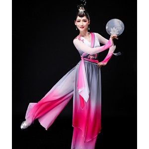 Women's girls traditional classial chinese folk dance dresses oriental stage performance umbrella fan dance dresses