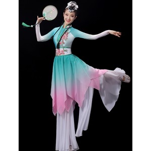 Women's girls turquoise pink gradient Chinese Folk calssical dance costumes ancient traditional Umbrella fan dance princess fairy hanfu dress for woman