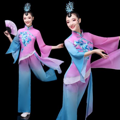 Women's girls violet with blue chinese folk dance costumes ancient traditional fairy yangko umbrella dance dresses