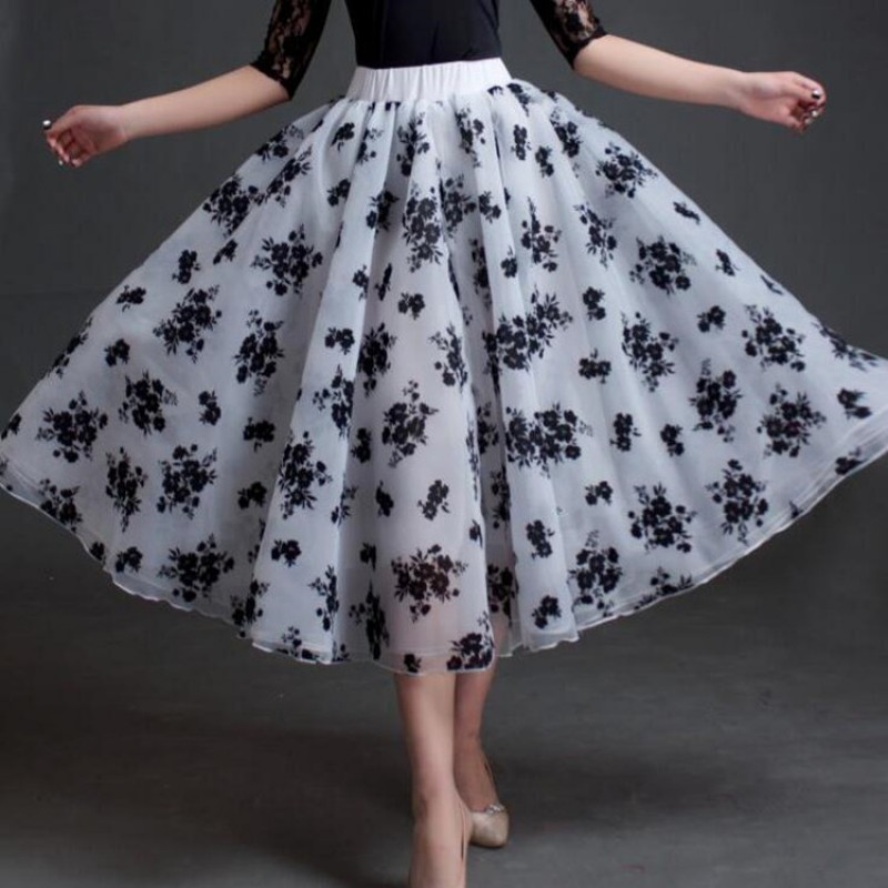 Women's girls white with flocking ballroom dancing skirts flamenco stage performance competition waltz tango dance skirts