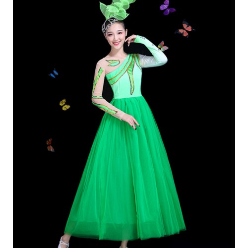 Women's green colored modern dance chorus singers dresses group dancers drama cosplay dresses
