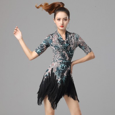 Womens green floral latin dance dresses stage performance latin salsa rumba chacha dance fringed dress for woman
