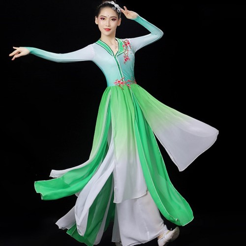 Women's Green fuchsia red gradient chinese folk classical dance costumes hanfu fairy dress umbrella Yangko fan dance performance costume