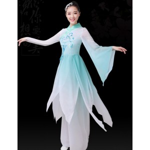 Women's green gradient colored chinese folk dance costumes umbrella Hanfu fairy princess traditional classical dance dresses