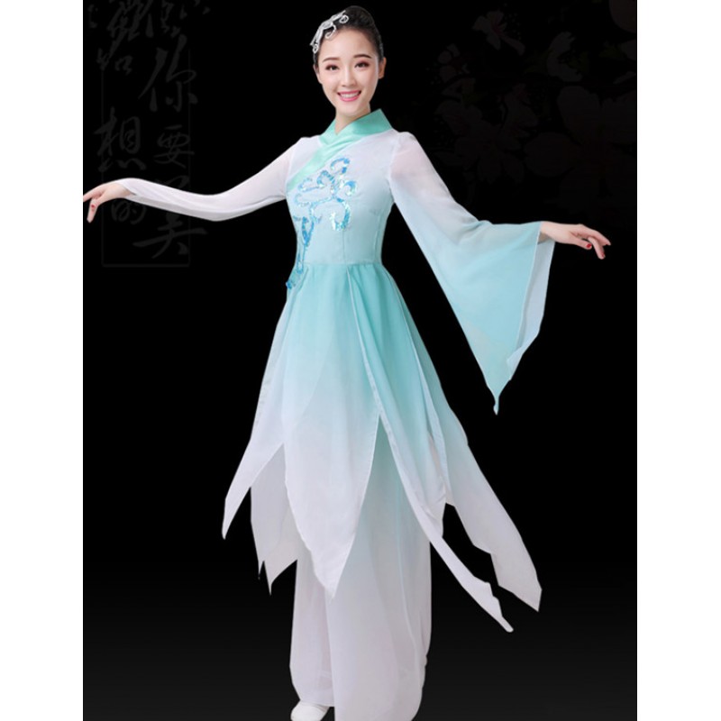 Women's green gradient colored chinese folk dance costumes umbrella Hanfu fairy princess traditional classical dance dresses