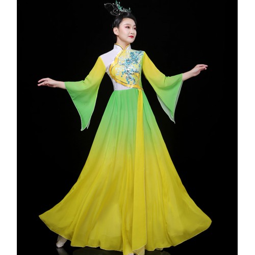Women's green with yellow gradient chinese folk dance costumes fairy hanfu yangko classical traditional dance dress