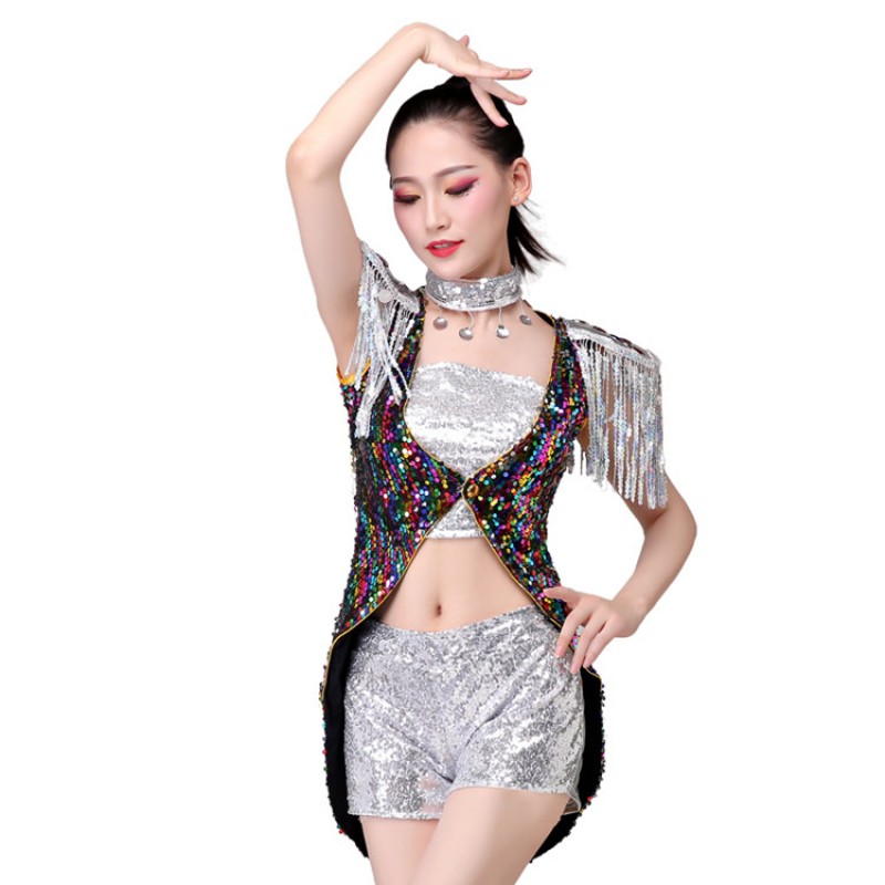 Women's jazz dance costumes  paillette singers hiphop gogo dancers night club ds cheer leaders stage performance tuxedo tops and shorts