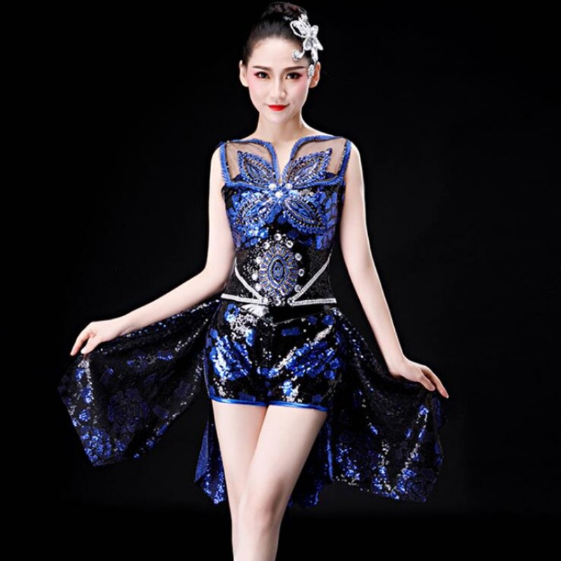 Women's jazz dance dresses for girls blue with black sequin modern dance  go go dancers night club singers stage performance outfits