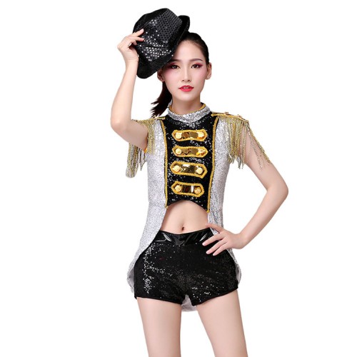 Women's jazz modern dance costumes silver gold red paillette street cheer leaders gogo dancers stage performance tuxedo tops and shorts