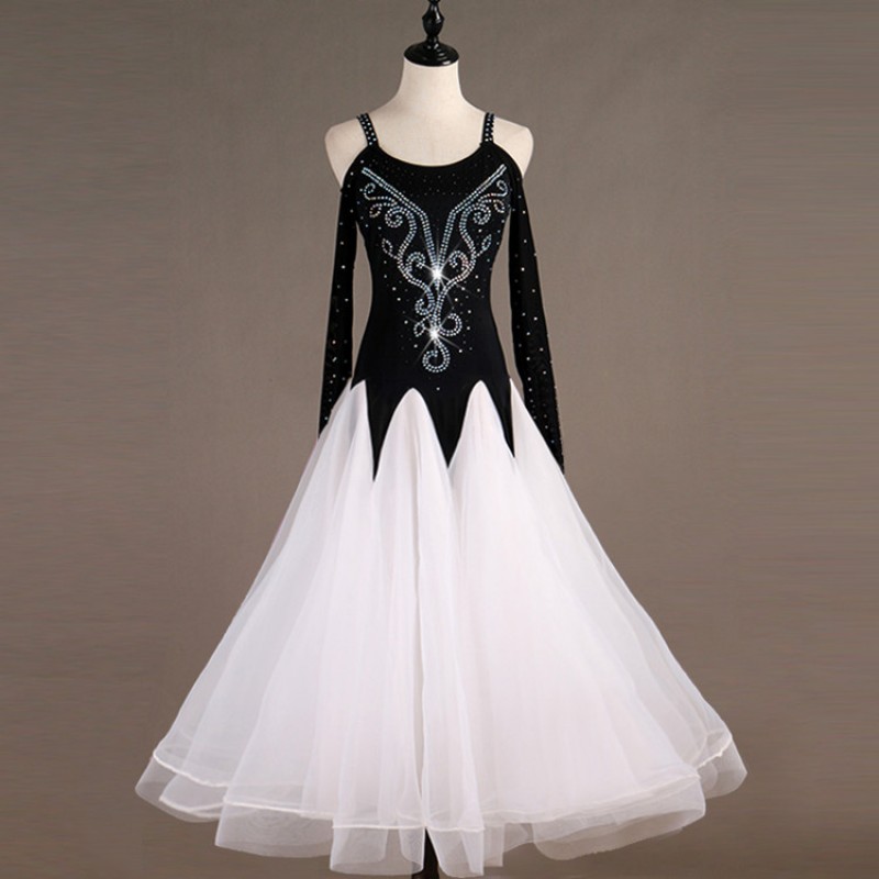 Women's kids girls black and white ballroom dancing dresses waltz tango competition professional stage performance dress
