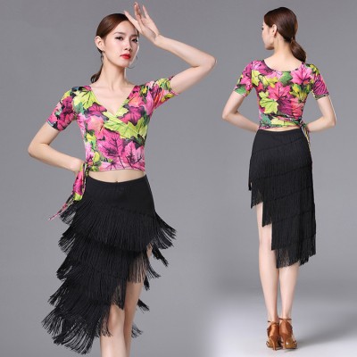 Women's latin dresses competition  floral stage performance professional latin salsa chacha rumba dance tops and fringes skirt