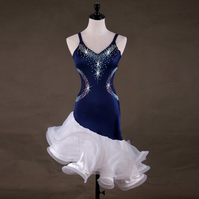Women's latin dresses diamond stage performance white and navy ruffles skirts competition salsa rumba chacha dance dresses costumes