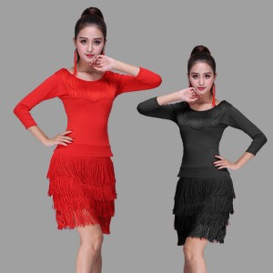 Women's latin dresses for female red black royal blue layers of tassels rumba samba chacha dancing tops and skirts