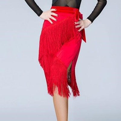 Women's latin skirt red black color female stage performance salsa chacha rumba competition fringes wrap skirts