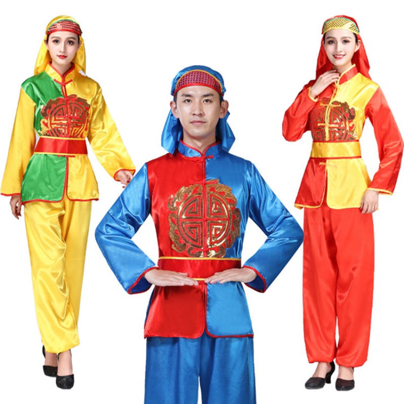 Women's men's chinese folk dance costumes yangko drummer dragon dance china style stage performance costumes tops and pants