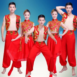 Women's men's chinese folk dragon drummer dance costumes stage performance chinese yangko dance costumes 