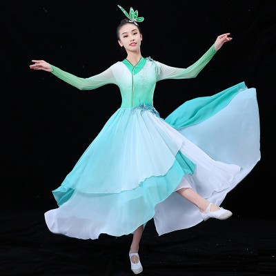 Women's mint colored chinese ancient hanfu traditional dance dress fairy umbrella fan dance dresses