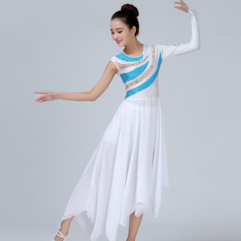 Women's modern dance ballet dresses white turquoise color ballet one sleeves competition ballet dance costumes dresses