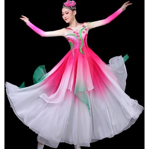 Women's pink colored chinese folk dance costumes hanfu fairy traditional classical dance dresses princess fan umbrella dance dresses