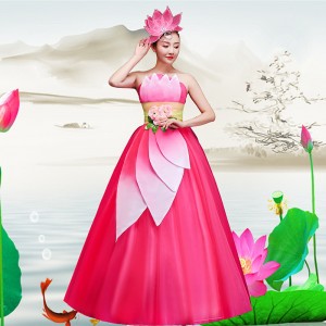 Women's pink flowers chinese folk dance costumes petals opening dance ballroom chorus performance dress