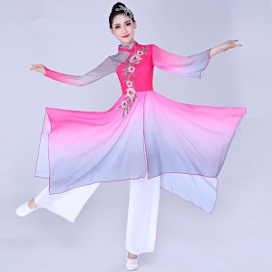 Women's pink gradient fairy dresses chinese folk dance costumes ancient traditional umbrella fan dance dresses 