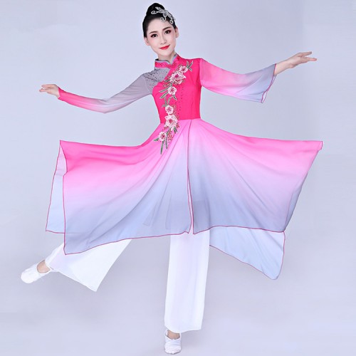 Women's pink gradient fairy dresses chinese folk dance costumes ancient traditional umbrella fan dance dresses 