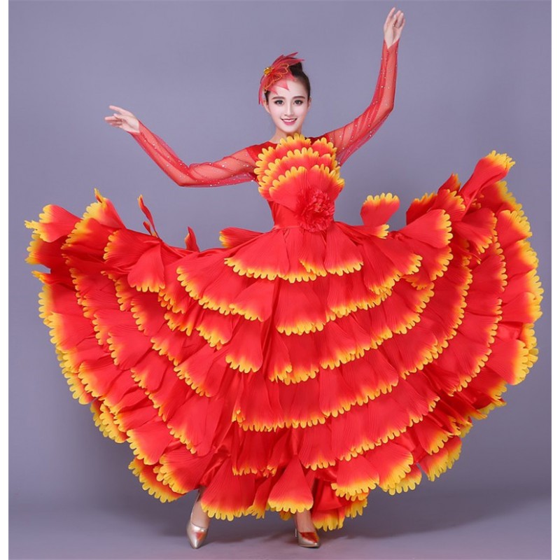 Women's pink petals flamenco dresses Spanish bull dance stage performance ballroom dancing dresses