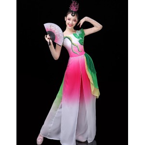 Women's pink with green gradient Chinese folk classical dance costumes Chinese lotus fan dance dresses umbrella dance yangko wear for adult