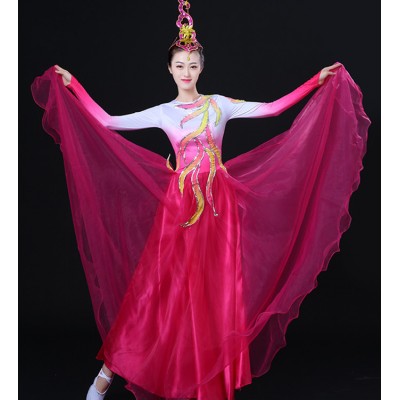 Women's pink with white chinese folk dance costumes ancient traditional classical fairy princess dresses dance dresses