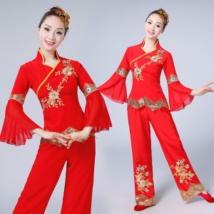 Women's red Chinese folk dance costumes china ancient style competition yangko fan stage performance tops and pants