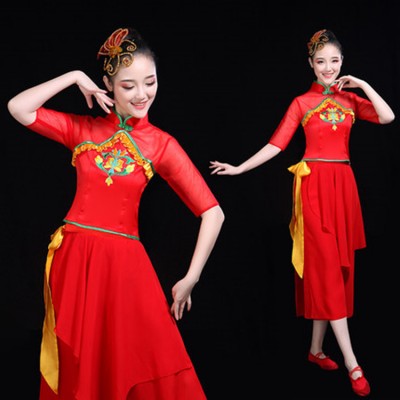 Women's red chinese folk dance costumes drummer dress ancient traditional yangko fan umbrella stage performance dresses costumes