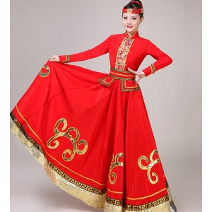 Women's red Mongolian dresses stage performance chinese folk dance dresses mongolia costumes