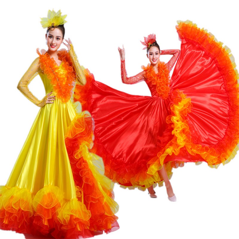 Women's red spanish flamenco dresses red yellow petal flowers spanish folk bull dance opening dance dresses