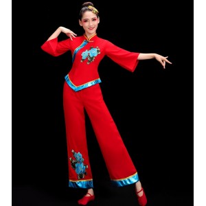 women's Red with blue chinese folk dance costumes China yangko fan umbrella performance dresses festive lion drum dance  performance costume