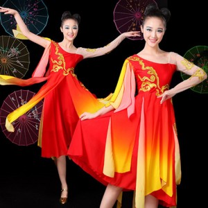 Women's red with gold chinese folk dance costumes ancient drummer yangko fan umbrella dance stage performance costumes