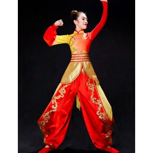 Women's red with gold chinese folk dance costumes dragon dummer performance clothes wushu fan umbrealla dance dress