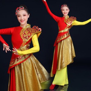 Women's red with gold  chinese folk dance costumes yangko china style quare dance drummer stage performance dresse