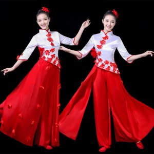 Women's red with white chinesse folk dance costumes drummer dress chinese style ancient traditional yangko fan umbrella costumes