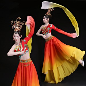 Women's red with yellow china style chinese oriental traditional hanfu fairy drama cosplay dresses photos classical dance dress