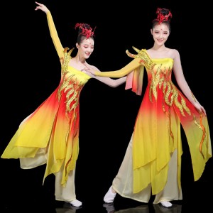 Women's red with yellow chinese folk dance costumes chinese style ancient traditional classical fan umbrella yangko dance dresses