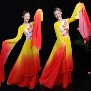 Women's red with yellow chinese folk dance costumes hanfu fairy princess dresses water sleeves stage performance classical dance dress