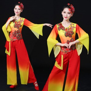 Women's red with yellow chinese folk dance costumes yangko fairy umbrella fan classical traditional dance dresses