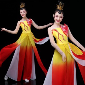Women's red with yellow traditional classical chinese folk dance costumes yangko umbrella stage performance dresses