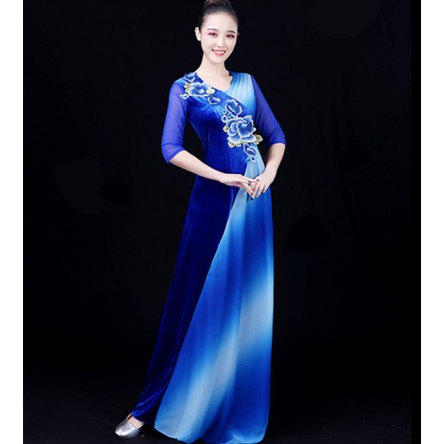 Women's royal blue host singers stage performance evening party dresses modern dance performance long dress