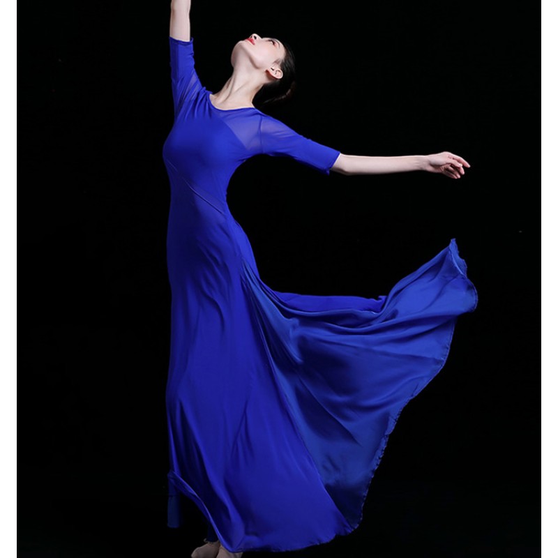 Women's royal blue long length modern dance ballet dress stage performance classical ancient traditional dance dress costumes