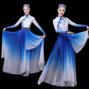 Women's royal blue mongolian dance costumes mongolia minority stage performance drama cosplay robes dresses