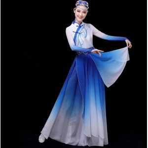 Women's royal blue mongolian dresses chinese folk dance costumes mongolia stage performance drama cosplay dresse
