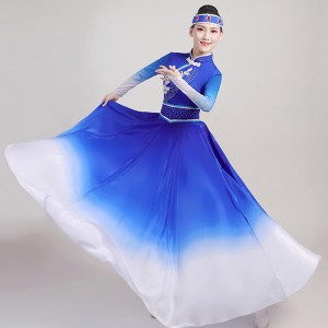 Women's royal blue purple Mongolian dance dress chinese folk dance mongolia dance costumes robes